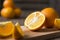 Pieces of cut orange on wooden background, citrus, lots of oranges