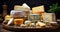 Pieces of delicious cheese on wooden table.