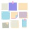 Pieces of different size colorful note, notebook, copybook paper sheets stuck with sticky tape on gray background