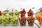 Pieces of fresh fruit in glasses on background of Caucasus Mountains among the snows