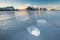 Pieces of ice on the frozen Haukland beach