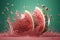 Pieces of juicy watermelon with splashes of juice. Generative AI