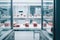 Pieces of lab-grown meat lying in containers on shelves in modern laboratory