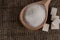 Pieces of lump sugar on burlap. granulated sugar close-up. Refined sugar.