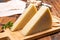 Pieces of matured pecorino romano italian cheese made from sheep milk in Lazio, Sardinia or Tuscany