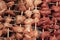 Pieces of meat kebabs raw on wooden skewers close up