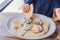 Pieces of pita bread and four kinds of Greek sauces. Greek food