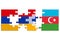 Pieces of the puzzle with the flag of Nagorno-Karabakh and Armenia detached from the jigsaw puzzles with the flag of Azerbaijan.