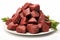 Pieces of raw roast beef meat isolated on white background. Raw meat, cut into pieces