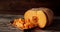 Pieces of ripe pumpkin on a plate to slowly rotate.