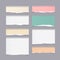 Pieces of ripped different size colorful note, notebook, copybook paper sheets