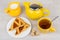 Pieces of shortbread pie, milk jug and tea on table