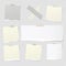 Pieces of torn white note, notebook paper strips for text stuck with adhesive tape on gray squared background. Vector