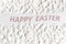 Pieces of white eggshell of broken chicken egg isolated on white background. Easter background. Top view.English text Happy Easter