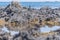 Pied shags sitting in distance on rugged rocky coastline and view to horizon on east coast of Bay Of Plenty, New Zealand at Te