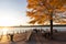 Pier 84 at Hudson River Park during a Fall Sunset with Colorful Trees in Hell`s Kitchen of New York City