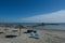 A pier, and a beach at the Mar Menor sea, in Spain.