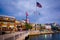 Pier and buildings at twilight, along the Potomac River, in National Harbor, Maryland.