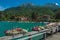 Pier with flowers on the lake of Annecy, in the village of Talloires.