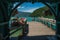 Pier with flowers on the lake of Annecy, in the village of Talloires.