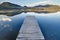 Pier on the lake on the background of sunset in a clear summer day. Warm summer evening on the dock. Fabulous views of the lake