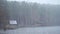 Pier at the lake, forest lake shore rain and snow. The mirror surface of the lake, the forest is covered with the first