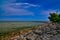 Pier and rocky shore of lake Michigan near sheboygan WI