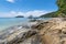 Pier and stones on the beach on the Manukan Island State Sabah Malaysia near Borneo