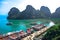 Pier surrounded by limestone karst of Ha Long Bay in Quang Ninh Province, northeast Vietnam