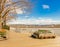 Pier and walkway by riverside. Sunny spring day in beautiful riverpark in New Westminster BC. Beautiful spring landscape