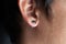 piercing in a man& x27;s ears closeup,ear tunnel