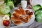 Pies cabbage and jug of milk still life with a birch cut, apptitnaya home cooking