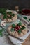 Pies with mushrooms, chicken, spinach, pine nuts and lingonberry sauce.