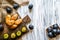 Pies, plums on a white wooden background 2