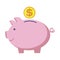 Pig bank for coins. Piggy to save money. Pink gold vault. Vector illustration