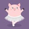 Pig bellerina dancing. Piggy piglet ballet dancer dressed in white skirt. Pointe, tutu dress. Cute cartoon funny baby kids charact