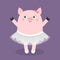 Pig bellerina. Piggy piglet ballet dancer dressed in white skirt. Tutu dress, pointe. Cute cartoon funny baby kids character. Hog