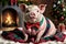 Pig in bow-tie snuggling on holiday blanket. adorable and gentle pet portrait