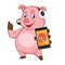 Pig cartoon holding phone and wearing headphone