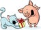 Pig and cat fighting for gift - cheerful illustrations