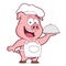 Pig chef holding silver cloche