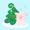 Pig at the Christmas tree. Funny character is happy and blows up a firecracker. Celebratory salute. Happy new year. Greeting card.
