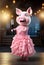 A pig in a dress screams or sings into a microphone