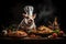A pig dressed as a master chef, serving a plate of vegetables - vegetarian or vegan conceptual illustration. Generative AI