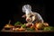 A pig dressed as a masterchef, presenting a plate of vegetables in a kitchen. Vegan or vegetarian conceptual illustration.