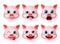 Pig emoji vector set. Pigs head animals emoticon with emotions and mood like hungry and funny isolated.