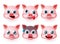 Pig emoticon fat face vector set. Emoji pigs head in cute faces like happy and scared facial expressions.