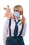 Pig flu virus.Schoolgirl with mask is afraid pig