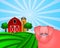 Pig on Green Pasture with Red Barn with Grain Silo