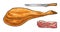 Pig head, jamon leg on horizontal wood stand. Vector engraving